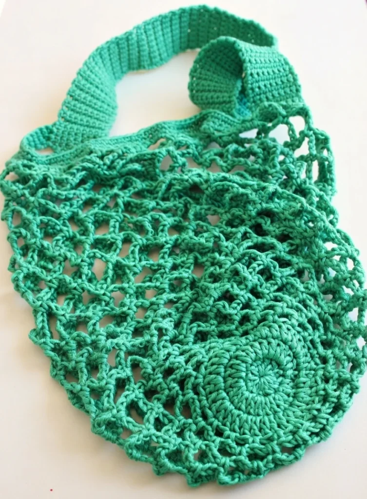 Emerald green crochet mesh bag with long strap, laid flat and empty on a white background.