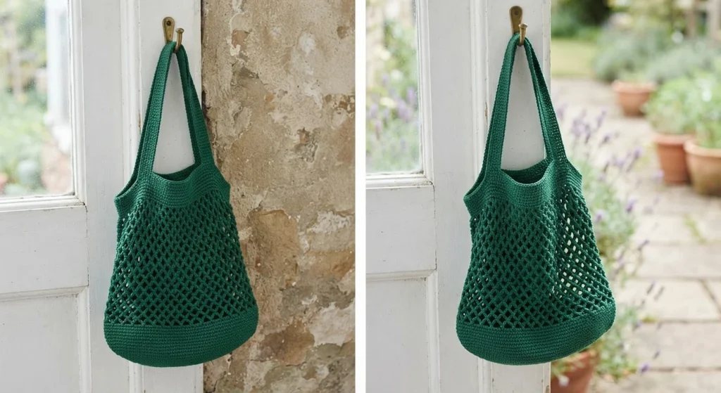Diptych showing an empty dark green crocheted mesh bag with a solid base hanging from a brass hook on a white door.