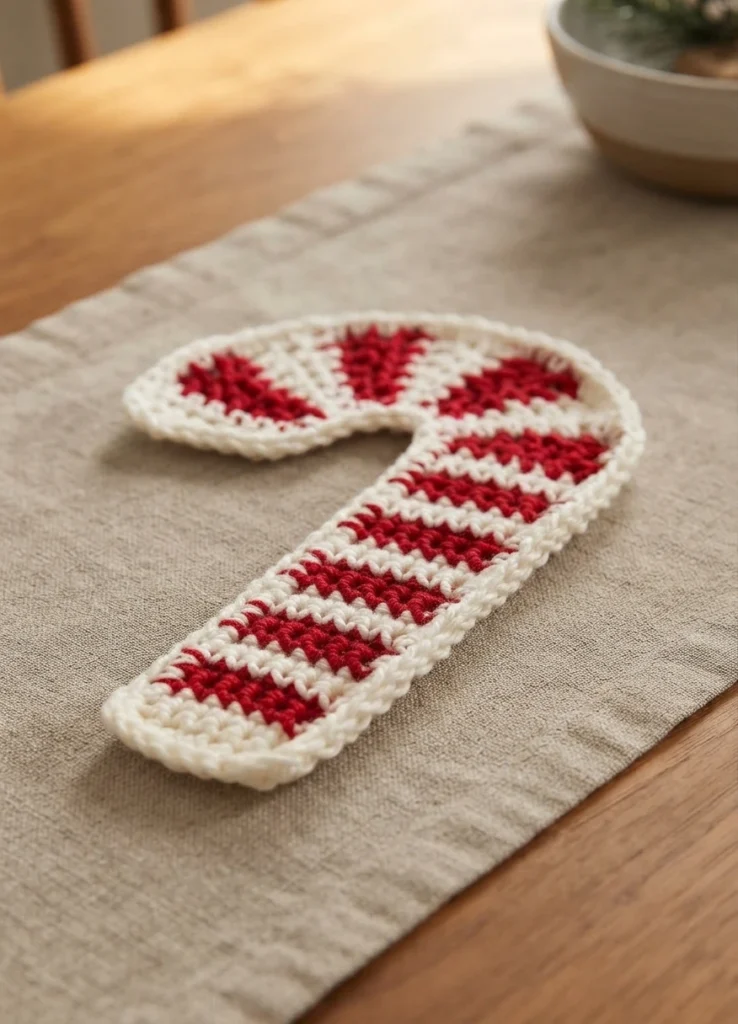 Crocheted candy cane hot pad with red and white stripes, lying flat on a beige linen table runner over a wooden table, with a blurred bowl in the upper right background.