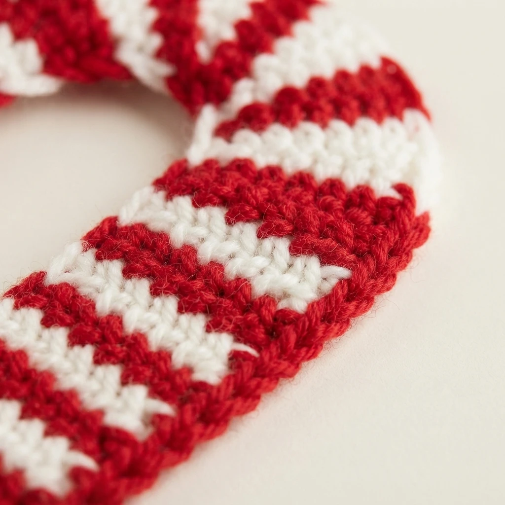 Close-up of a crocheted hot pad worked in alternating red and white stripes, its curved edge visible against a plain light background