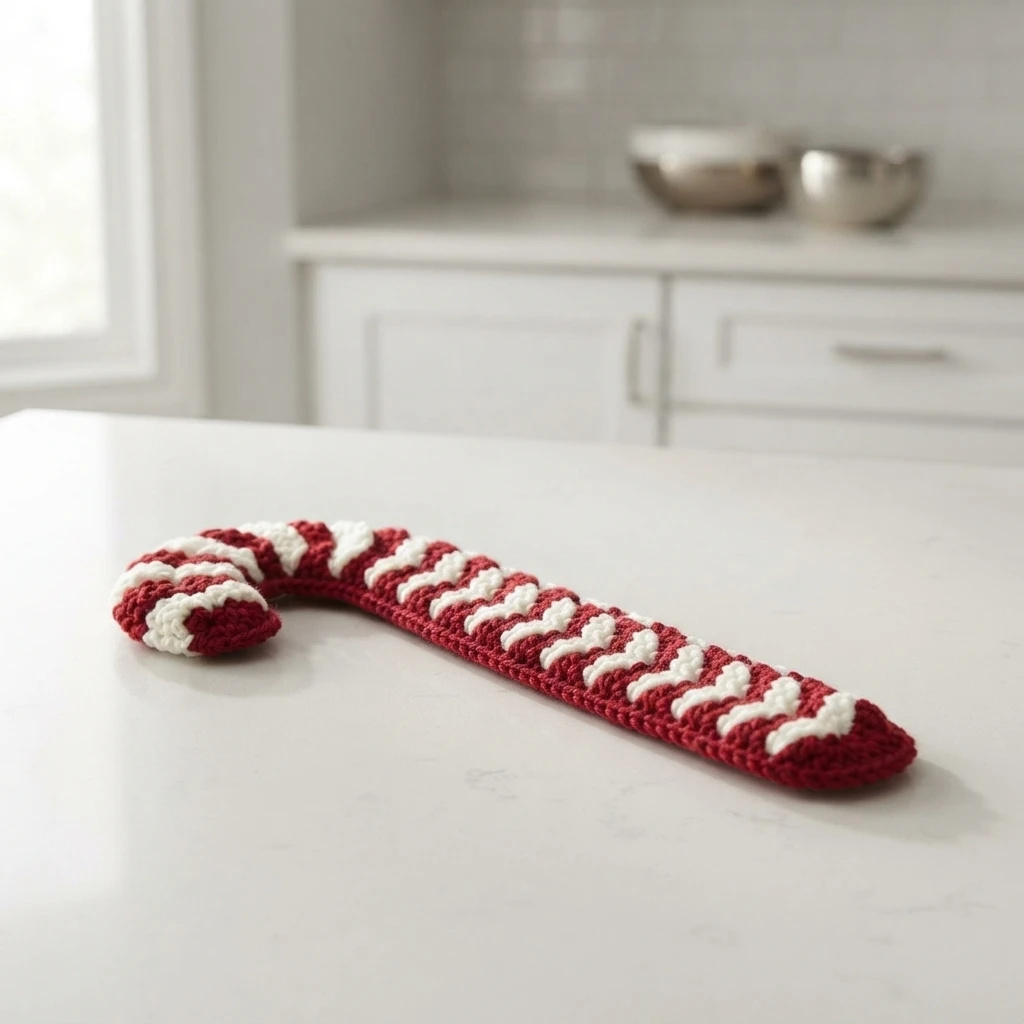 Crocheted candy cane shaped hot pad in red and white stripes lying flat on a white kitchen counter, with cabinets and metal bowls blurred in the background.