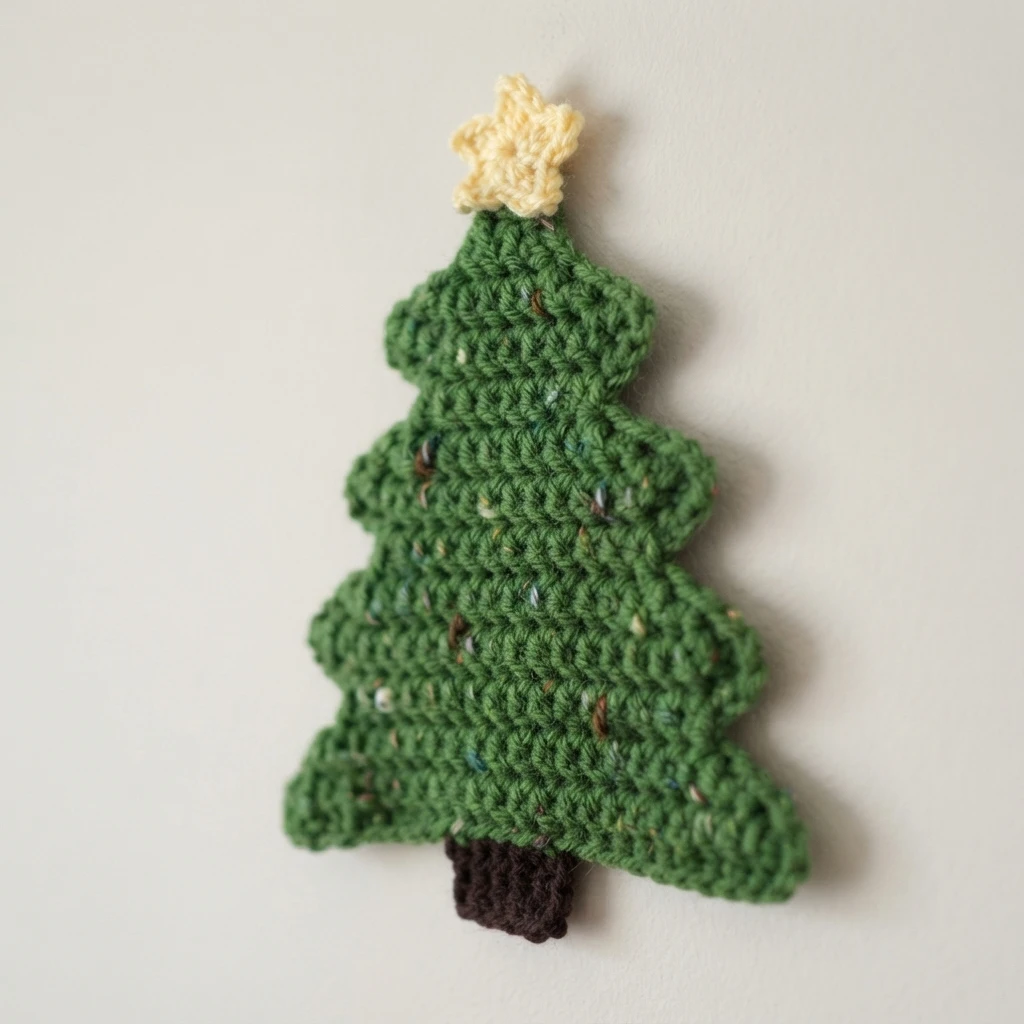 Crocheted green Christmas tree shaped pot holder with a pale yellow star on top and a dark brown trunk, lying flat on a plain light background.