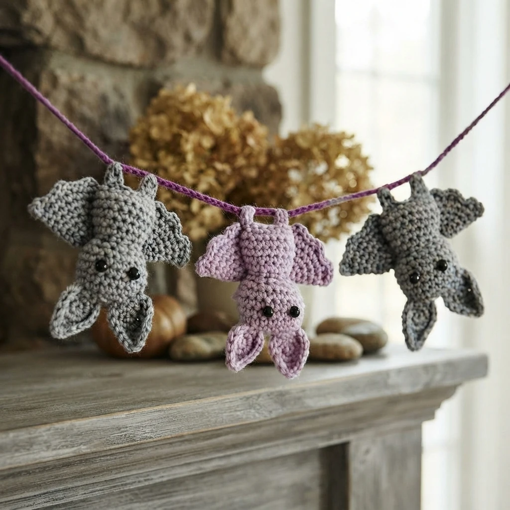 Three crocheted bats, two gray and one lavender, hanging upside down from a purple cord in front of a mantel.