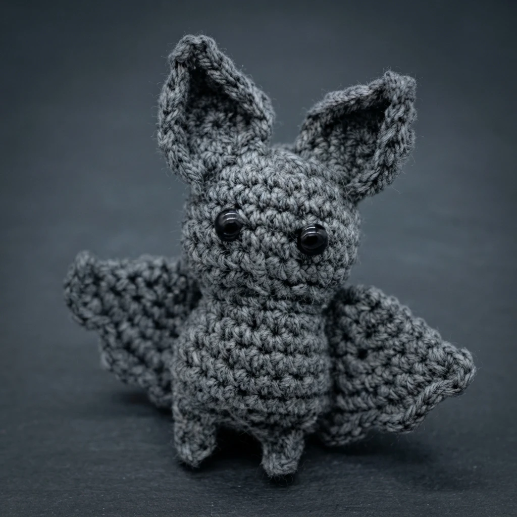 Gray crocheted bat with large ears, button eyes, outstretched wings, and two small feet against a dark background.