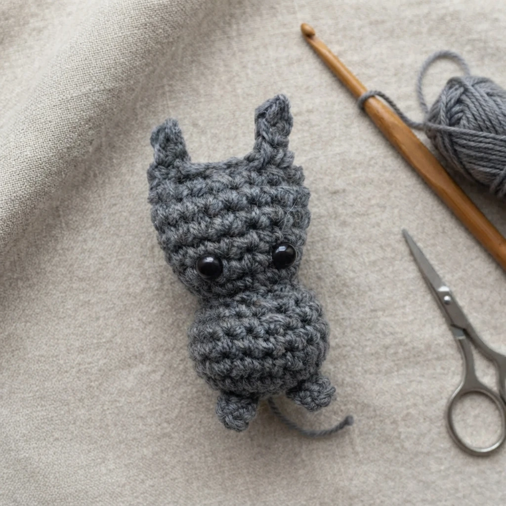 A gray crocheted bat with black eyes and upright ears lies beside a crochet hook, yarn and scissors.