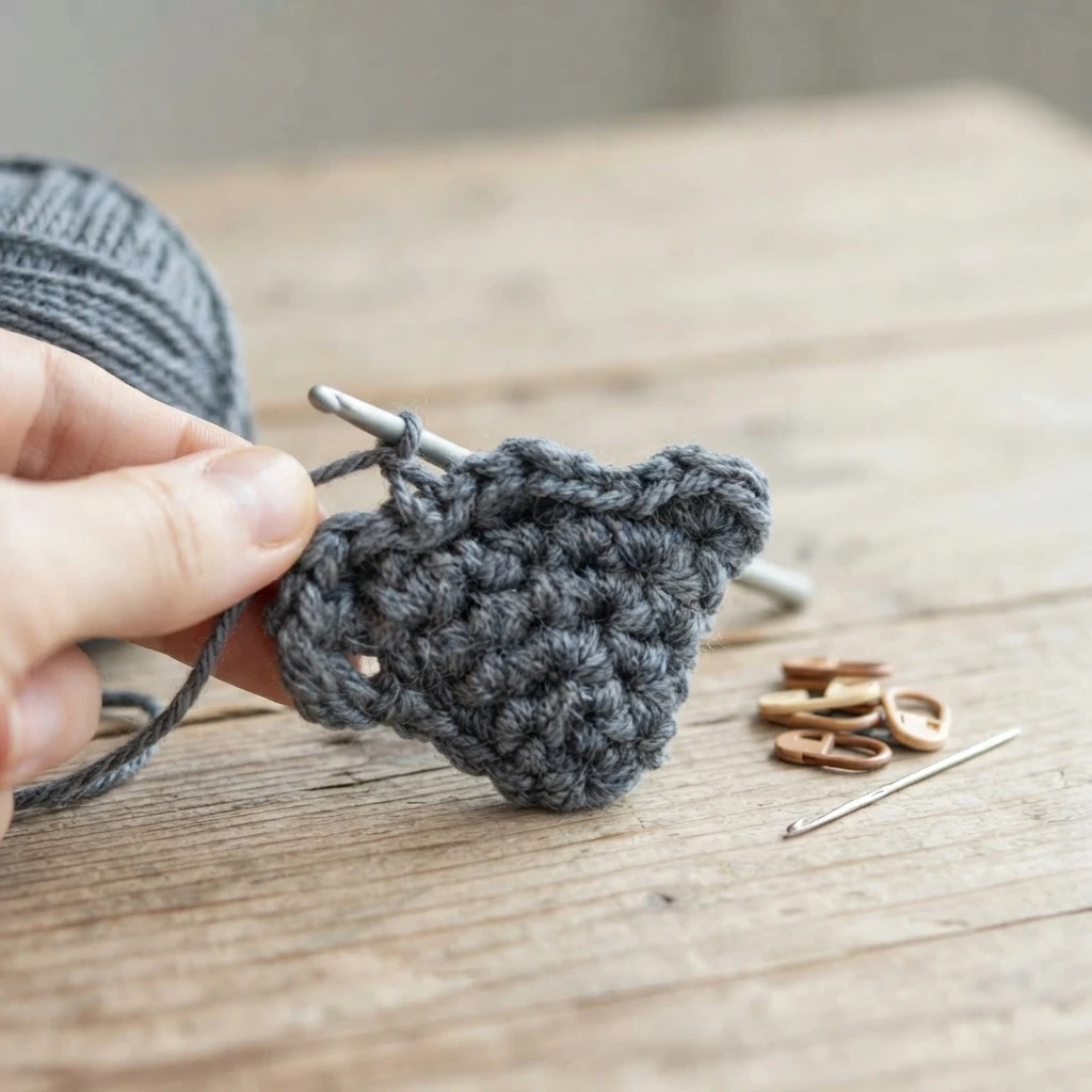 A hand crochets a small gray piece with a metal hook above a wooden surface, with stitch markers and a yarn needle nearby.