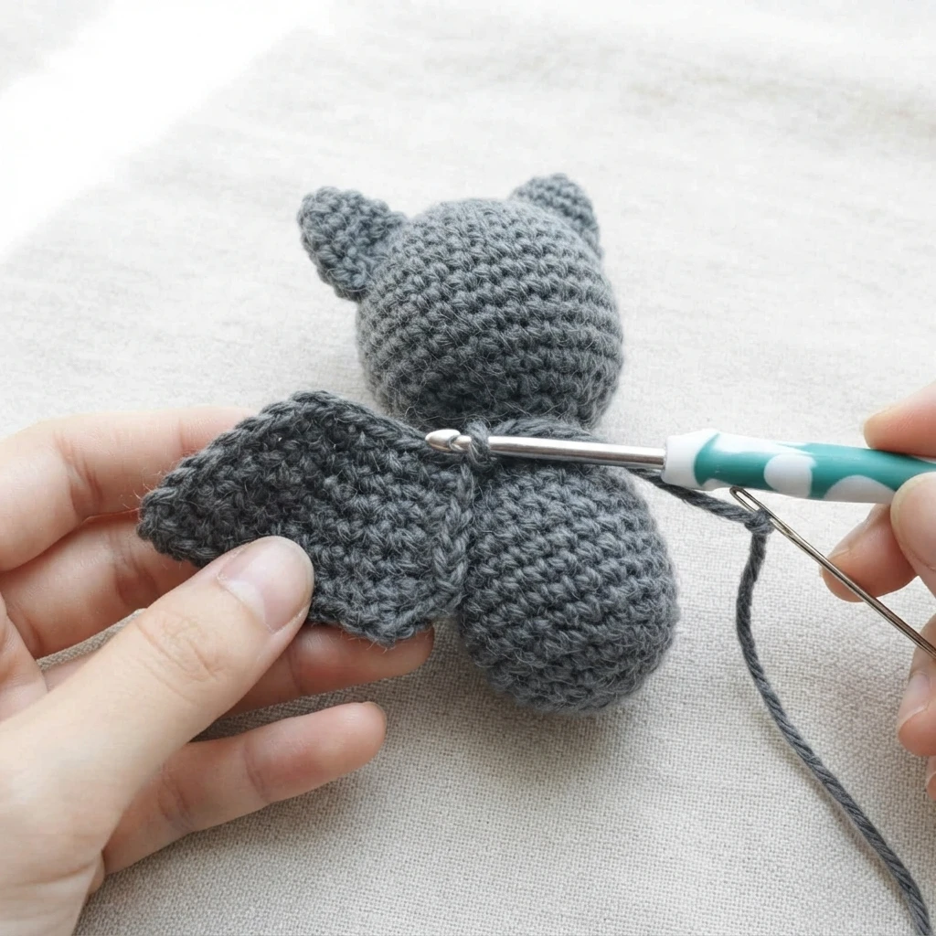 Hands hold a gray crocheted bat body and wing while a crochet hook is positioned at the join.