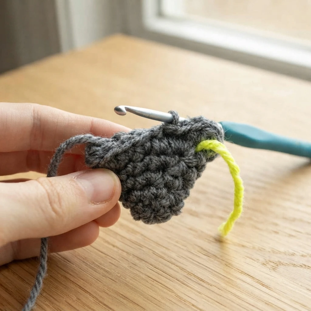 A hand holds a small gray crocheted piece with a crochet hook and a yellow-green stitch marker.