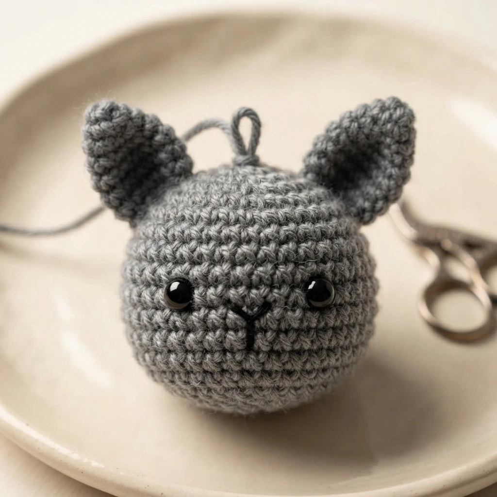 A gray crocheted bat head with black eyes and upright ears resting on a plate.