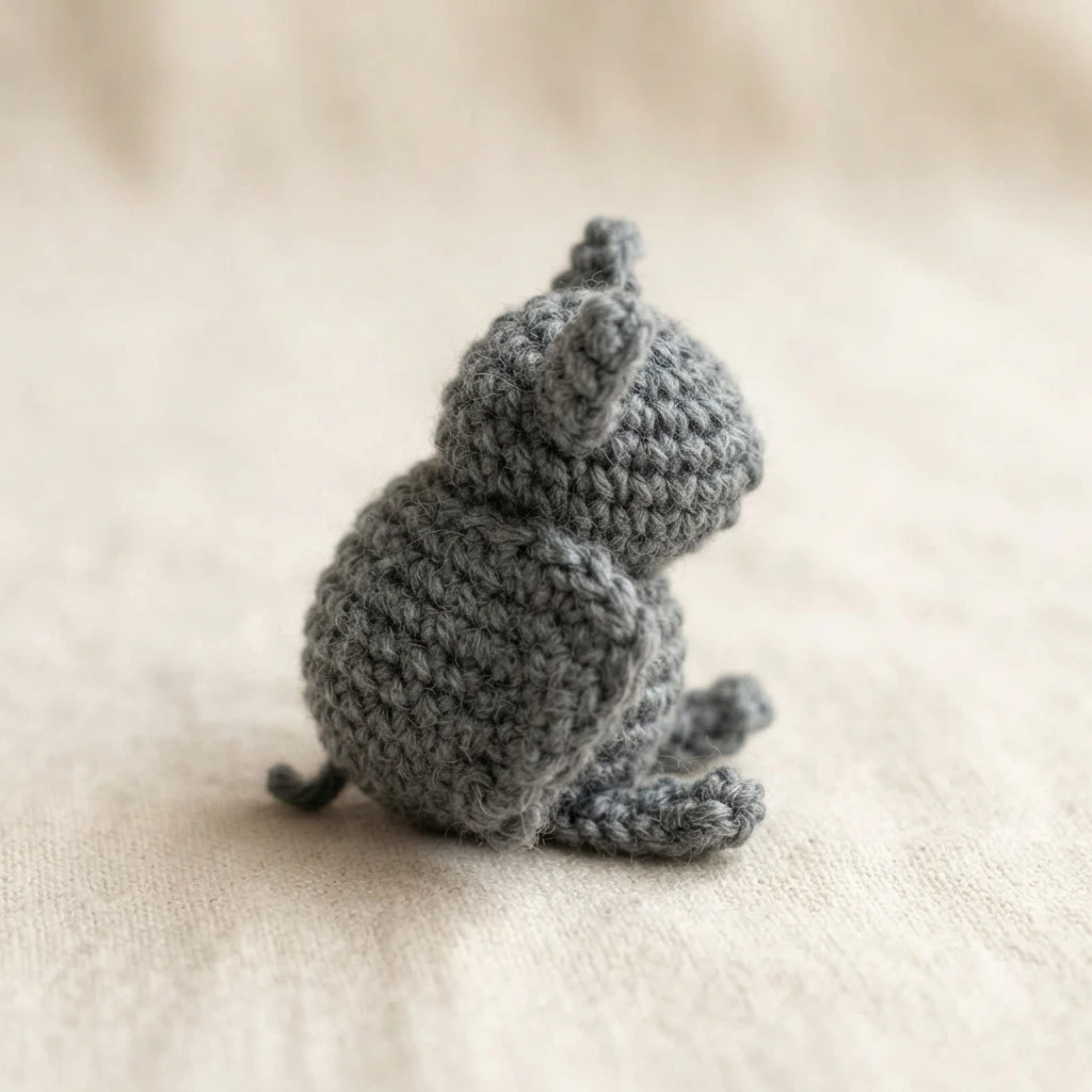 Une petite chauve-souris grise au crochet, posée de profil sur un tissu clair.