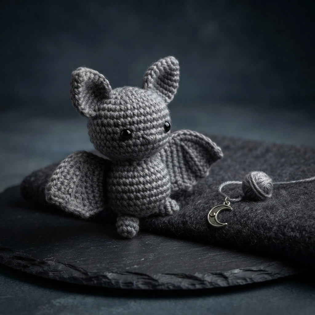 A finished gray crocheted bat with outstretched wings sits beside a yarn ball and a crescent moon pendant.