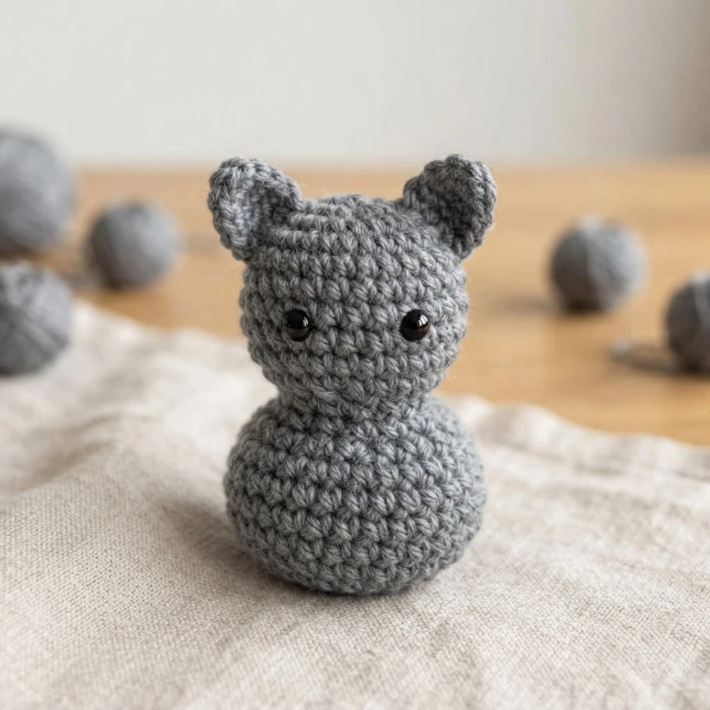 Petit amigurumi gris aux yeux noirs, posé debout sur un tissu clair.