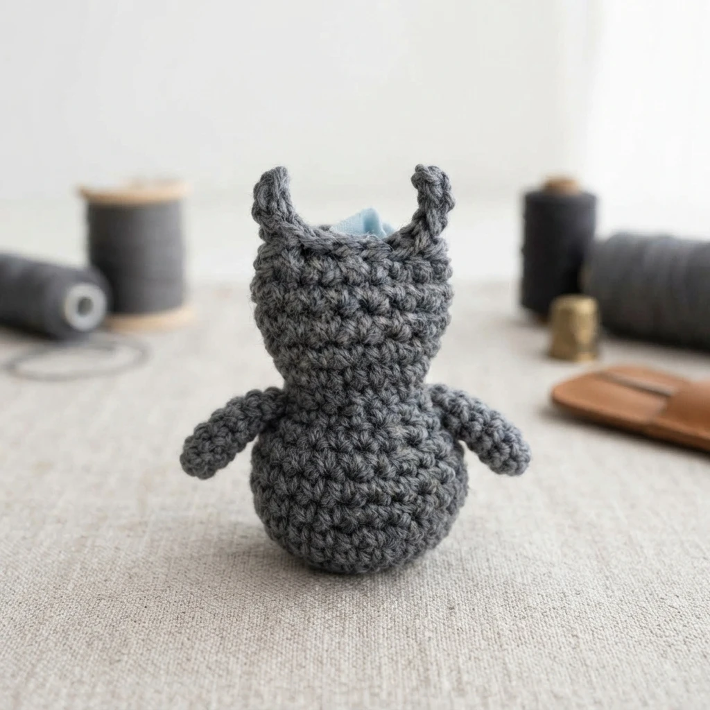 Petite chauve-souris amigurumi grise posée sur une surface en tissu, avec deux oreilles dressées et de petites ailes latérales, sans yeux visibles.
