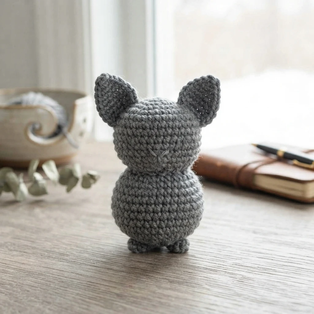 A small gray crocheted figure with pointed ears and feet, viewed from behind on a wooden table.