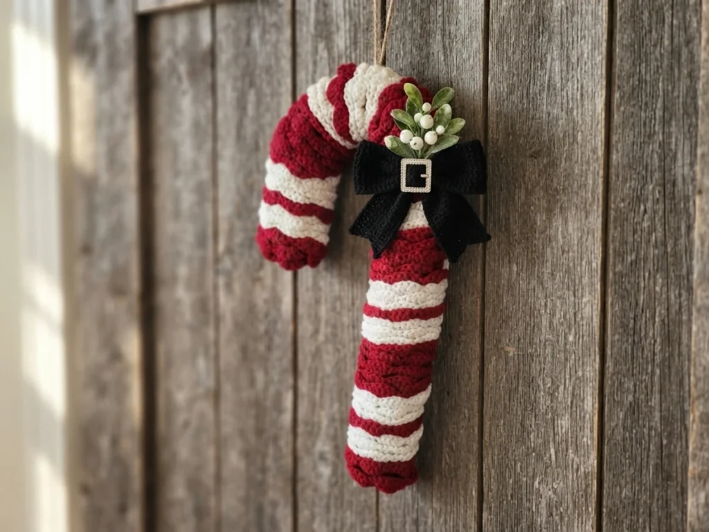 Crocheted candy cane wreath with red and white stripes hanging on weathered vertical wood planks, decorated with a black bow, a silver buckle and a sprig of mistletoe with white berries