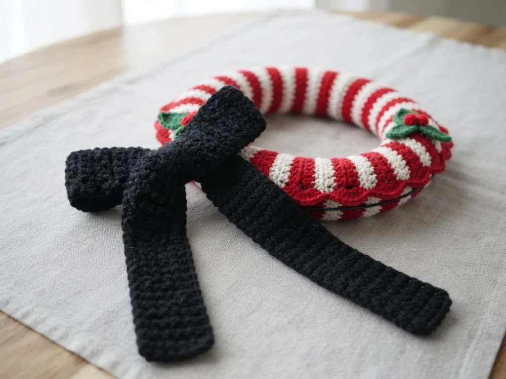 A black crocheted bow with long tails laid flat on a light cloth, in front of a red and white striped crocheted wreath decorated with green leaves and small red berries.