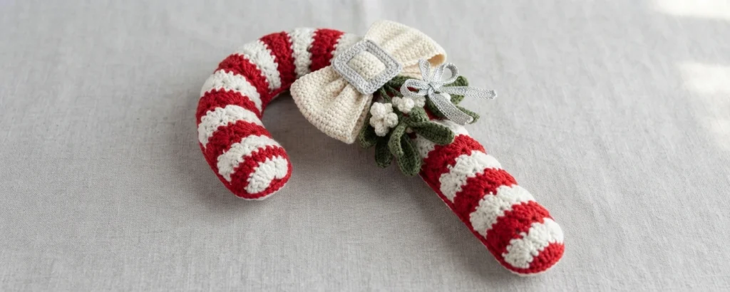 Finished crocheted candy cane wreath with red and white stripes, a cream crocheted bow with a silver buckle and a green mistletoe sprig with white berries, resting on light grey fabric.