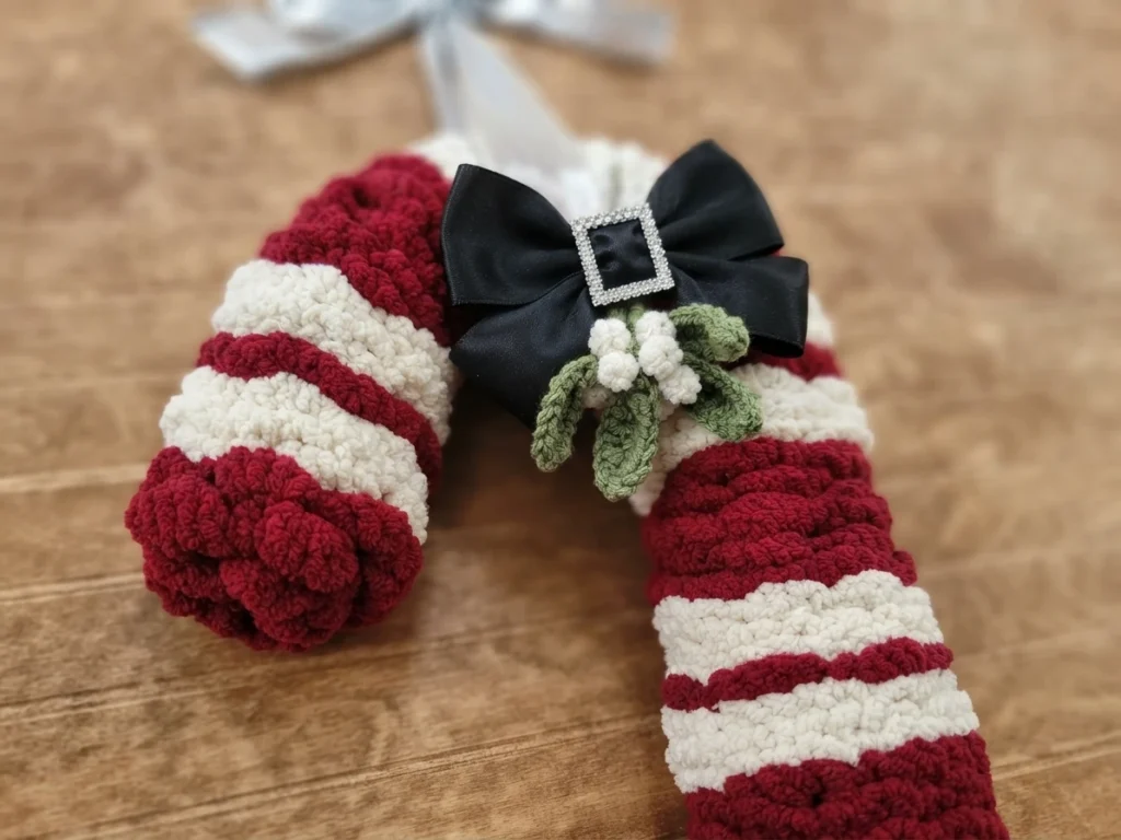 Close-up of a crocheted candy cane wreath with red and white stripes, decorated with a black bow, a buckle and crocheted mistletoe, hanging from a silver ribbon against a wooden background.