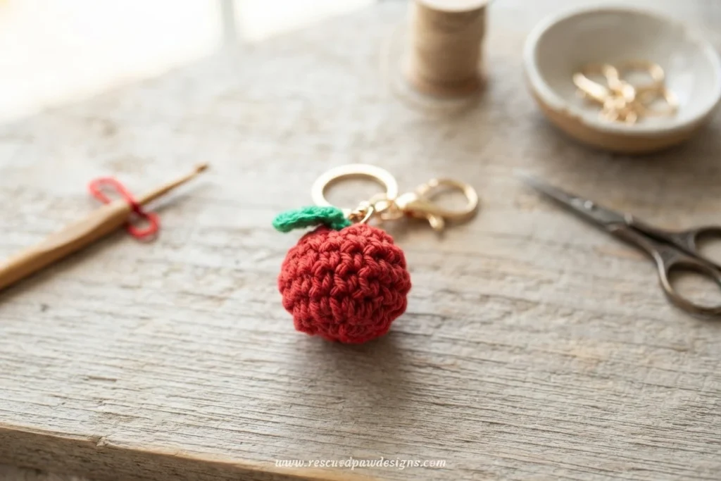 A small red crocheted apple keychain with a green leaf and gold-colored clasp on a pale wooden surface, with crochet tools nearby.