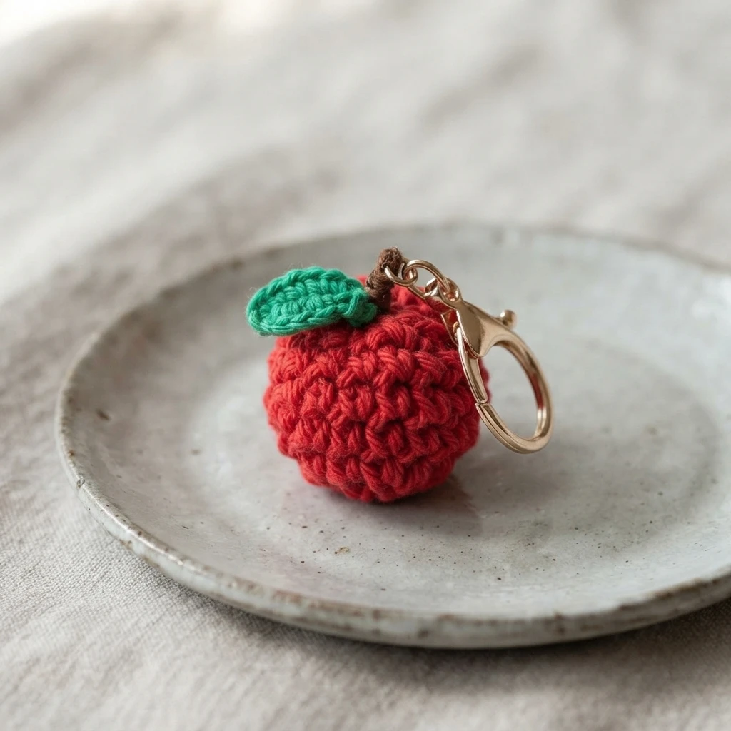 A red crocheted apple keychain with a green leaf and gold-colored clasp resting on a pale ceramic plate.
