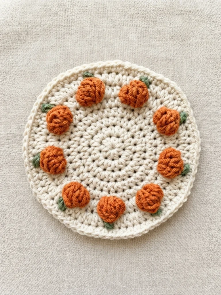 Round cream crochet coaster with orange bobble pumpkins and small green stems spaced around the outer edge, shown flat on a light neutral surface.
