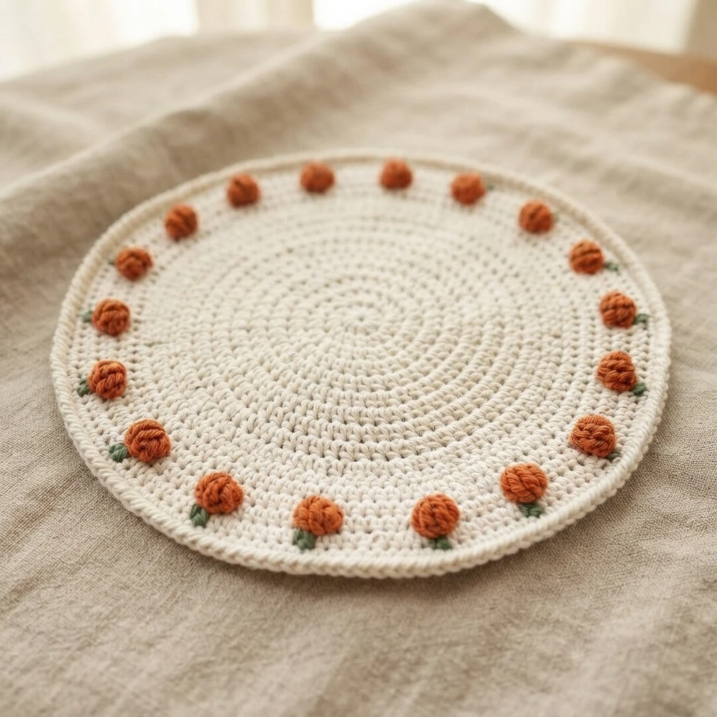 Round cream crochet coaster with small orange pumpkins spaced around the edge, resting on a linen surface.
