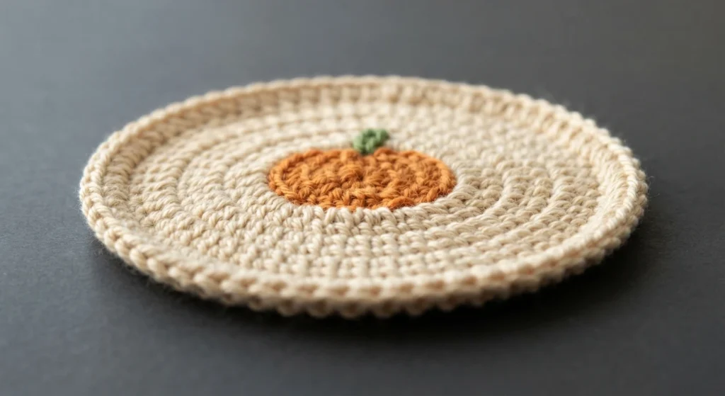 Dessous de verre rond en crochet beige clair avec un seul motif de citrouille orange et une petite tige verte au centre, posé à plat sur une surface sombre.