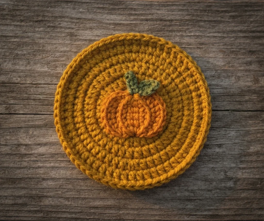 Round mustard yellow crochet coaster with a single orange pumpkin motif centered and small green leaves, photographed on weathered wood planks