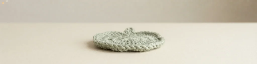 A pale crocheted round coaster with a small bump at the center, lying flat on a light beige surface.