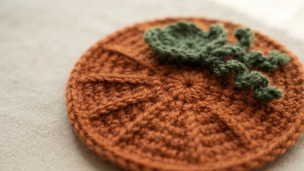 Crochet pumpkin coaster in rust orange cotton with raised wedge lines and a small green leaf detail resting on top, photographed on a light neutral fabric background