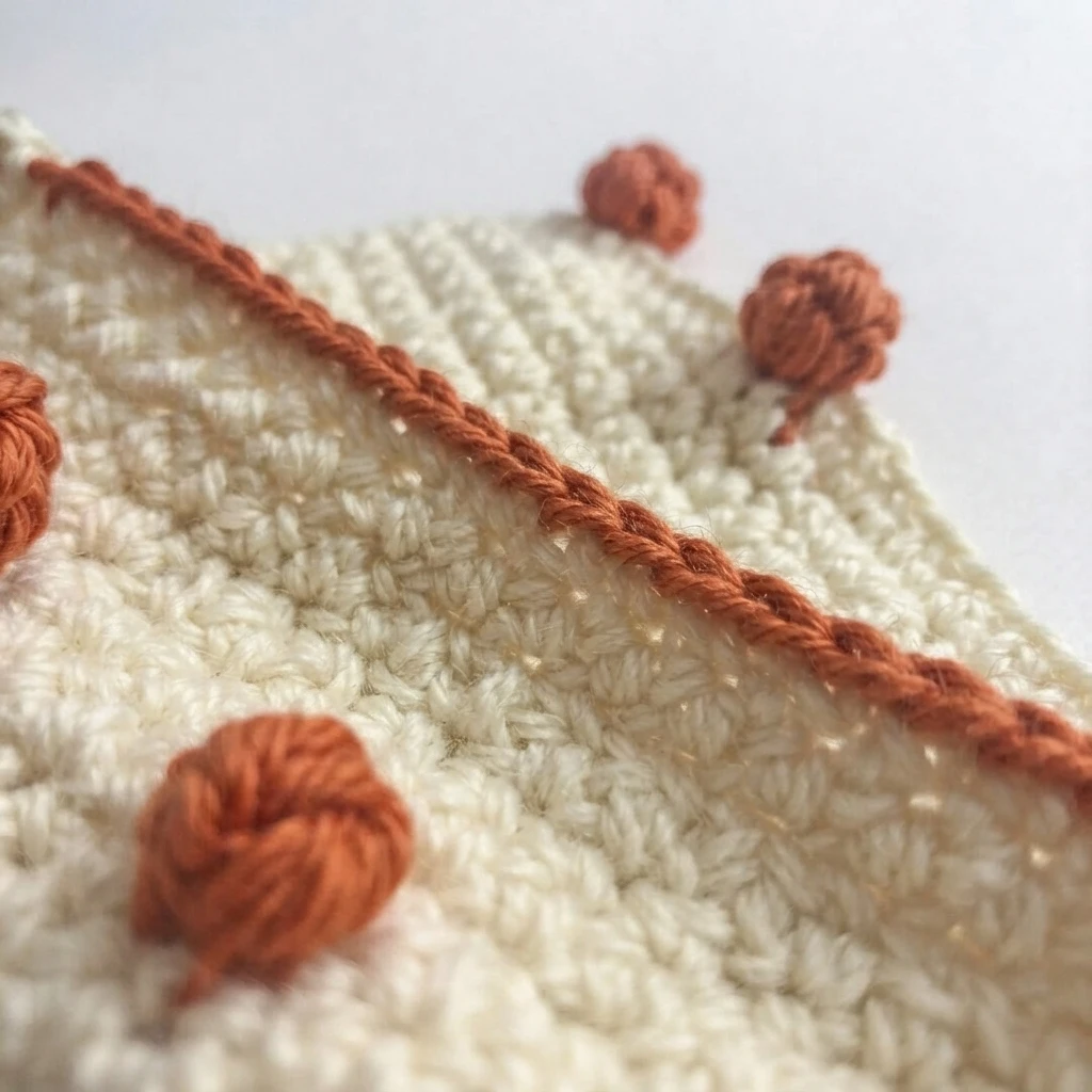 Gros plan d'un ouvrage au crochet en fil blanc cassé avec des bobbles brun rouille en relief et un bord de mailles chaînette contrastantes.