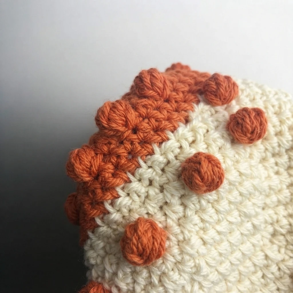 Gros plan d'un ouvrage au crochet crème avec des bobbles orange formant un motif, réalisé en changement de couleur