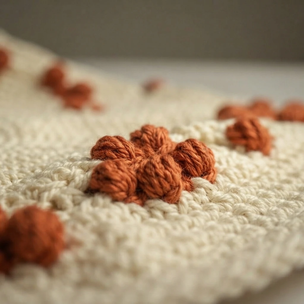 Gros plan d'un ouvrage crocheté en fil crème avec des bobbles orange rouille répartis en motif, réalisé en mailles serrées