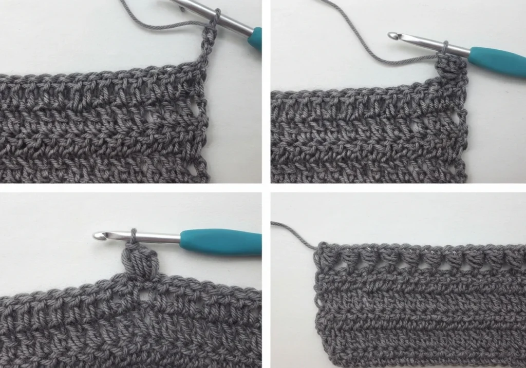 Four close-up views of a grey crocheted panel in progress with a teal crochet hook working bead stitches along the top edge