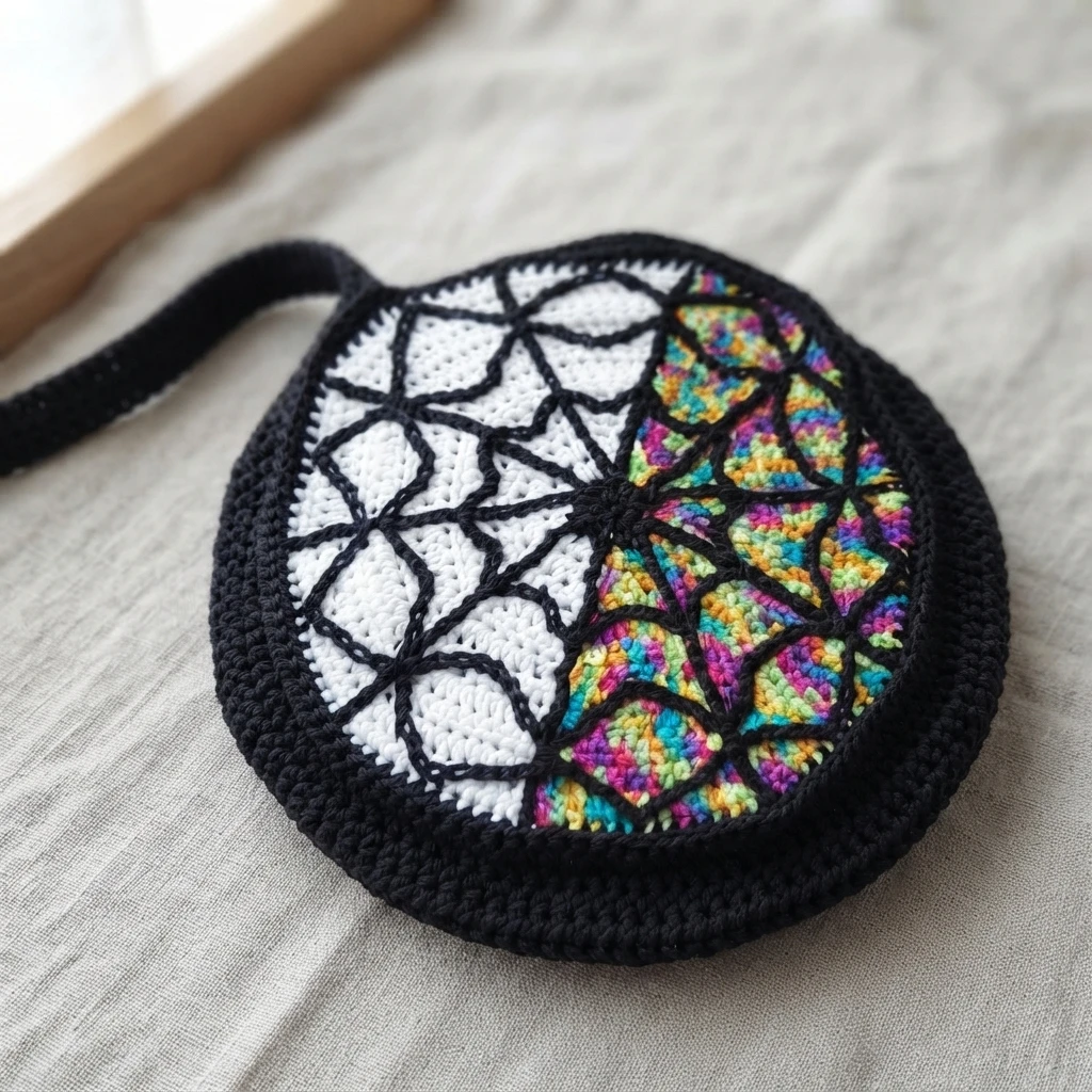 Round crochet bag with a black border and black strap, one half white with a black gothic window overlay and the other half in bright multicolored yarn, shown flat on a light fabric surface.
