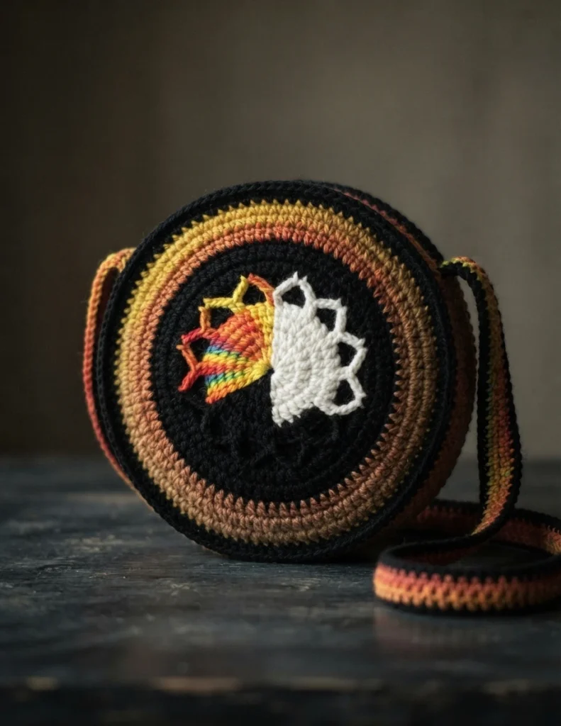 Round black crochet bag with concentric rings of variegated yarn in yellow, orange and rainbow tones, a white and rainbow gothic window motif worked in surface crochet on the front, and a striped shoulder strap, resting on a dark surface.