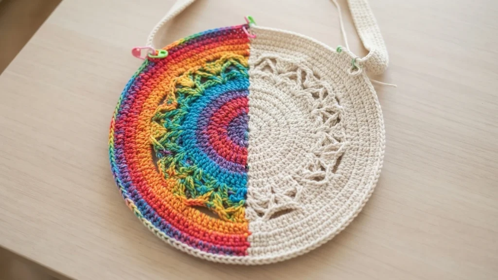 Round crochet bag front laid flat on a light wood surface, one half worked in bright rainbow stripes and the other half in cream white with an openwork motif, a cream strap along the top edge and green stitch markers holding it in place.