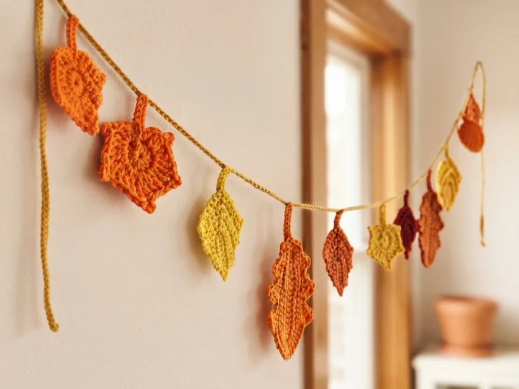 Crochet garland of orange, yellow and red autumn leaves hanging on a wall near a window.