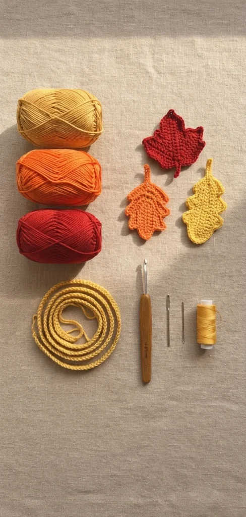 Yarn balls, crochet leaves, hook, needles, thread and coiled chain arranged on linen.