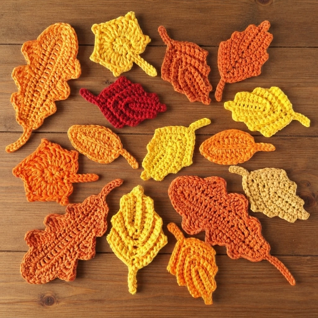 Crocheted fall leaves in yellow, orange and red arranged on a wooden surface.