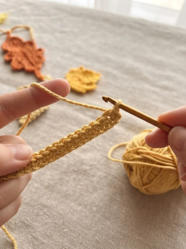Hands crocheting a yellow chain with a hook, with a ball of yellow yarn and two crochet leaves on a fabric surface.