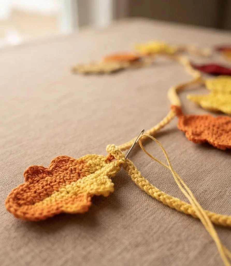 Close-up of a crochet autumn leaf being sewn onto a yellow crochet chain with a needle, with other colorful leaves blurred in the background.