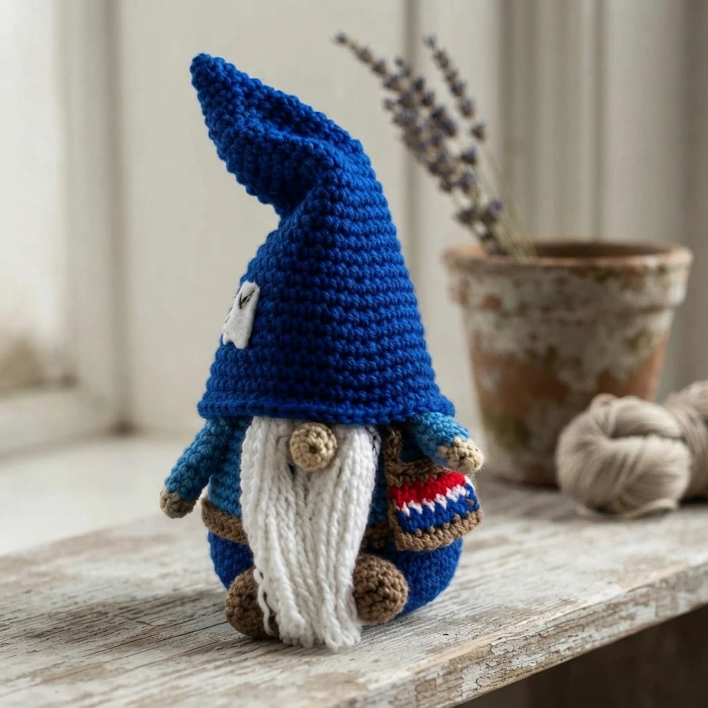 A crocheted gnome with a tall blue hat, white beard, blue outfit, and a small red, white, and blue accessory, posed on a wooden surface.