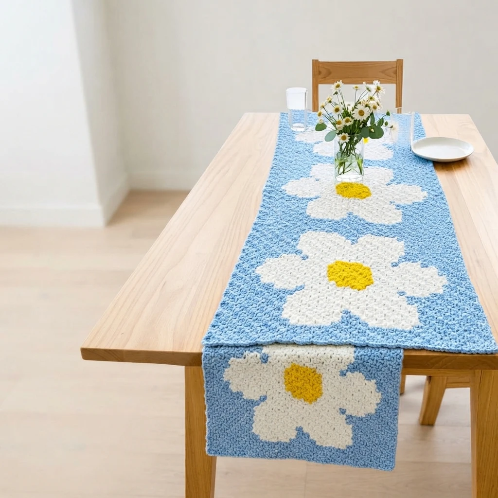 Blue crochet table runner with large white daisy motifs and yellow centers laid along a light wood dining table, styled with a glass vase of daisies, a white plate and a glass, with one end of the runner draped over the table edge.