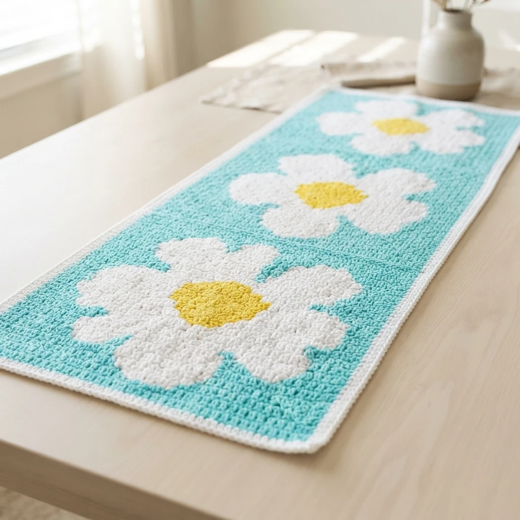 Crochet table runner in light blue with three white daisies with yellow centers, edged in white, laid flat on a pale wooden table near a window with a small vase in the background