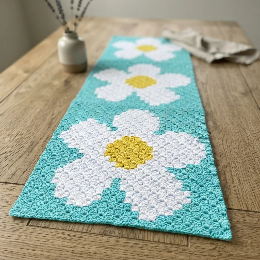 Aqua crochet table runner with three white daisy motifs and yellow centers, shown on a wooden table next to a small vase and a folded cloth.