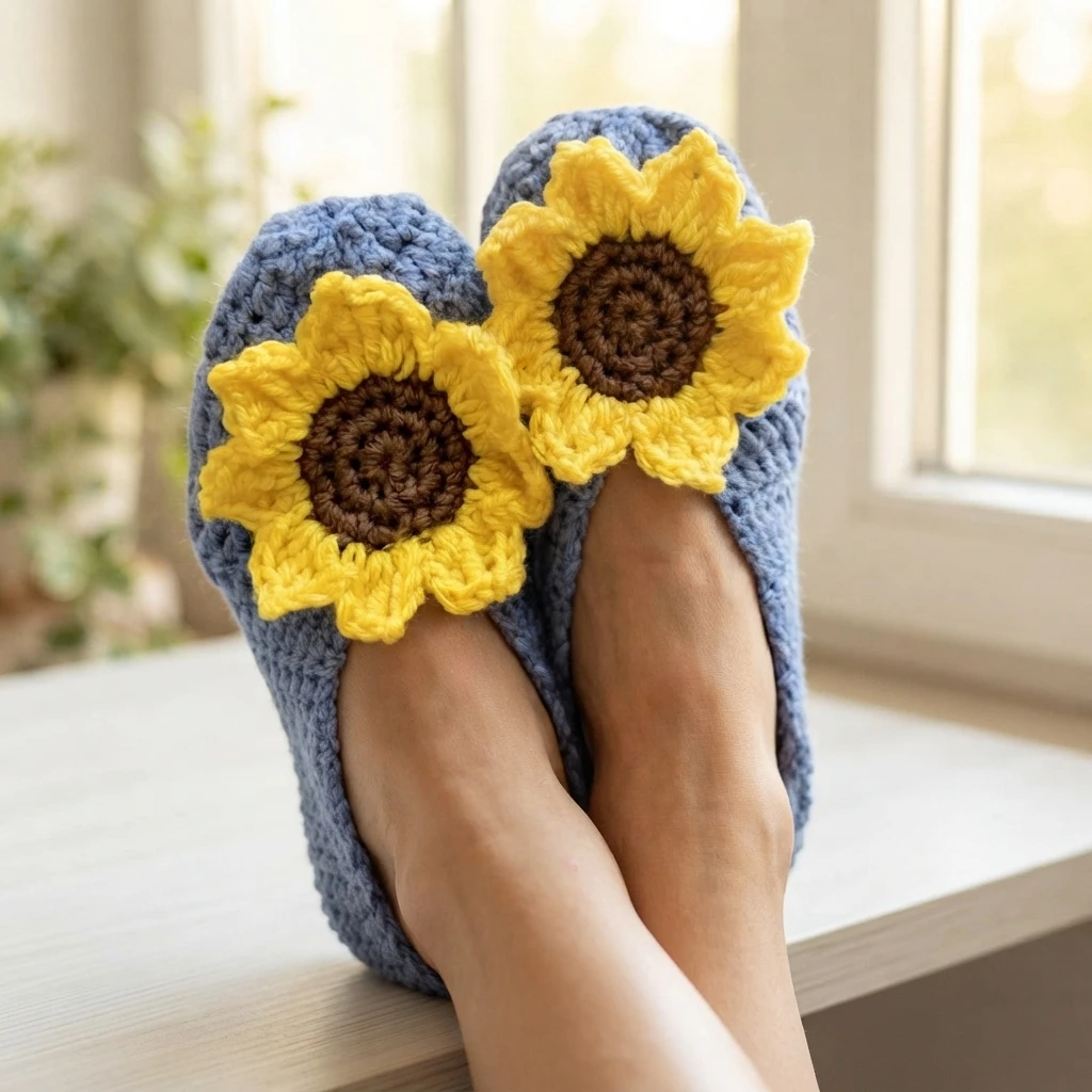 Paire de chaussons en crochet bleu ornés de grandes appliques tournesol jaunes à centre brun, portés aux pieds et photographiés près d'une fenêtre.