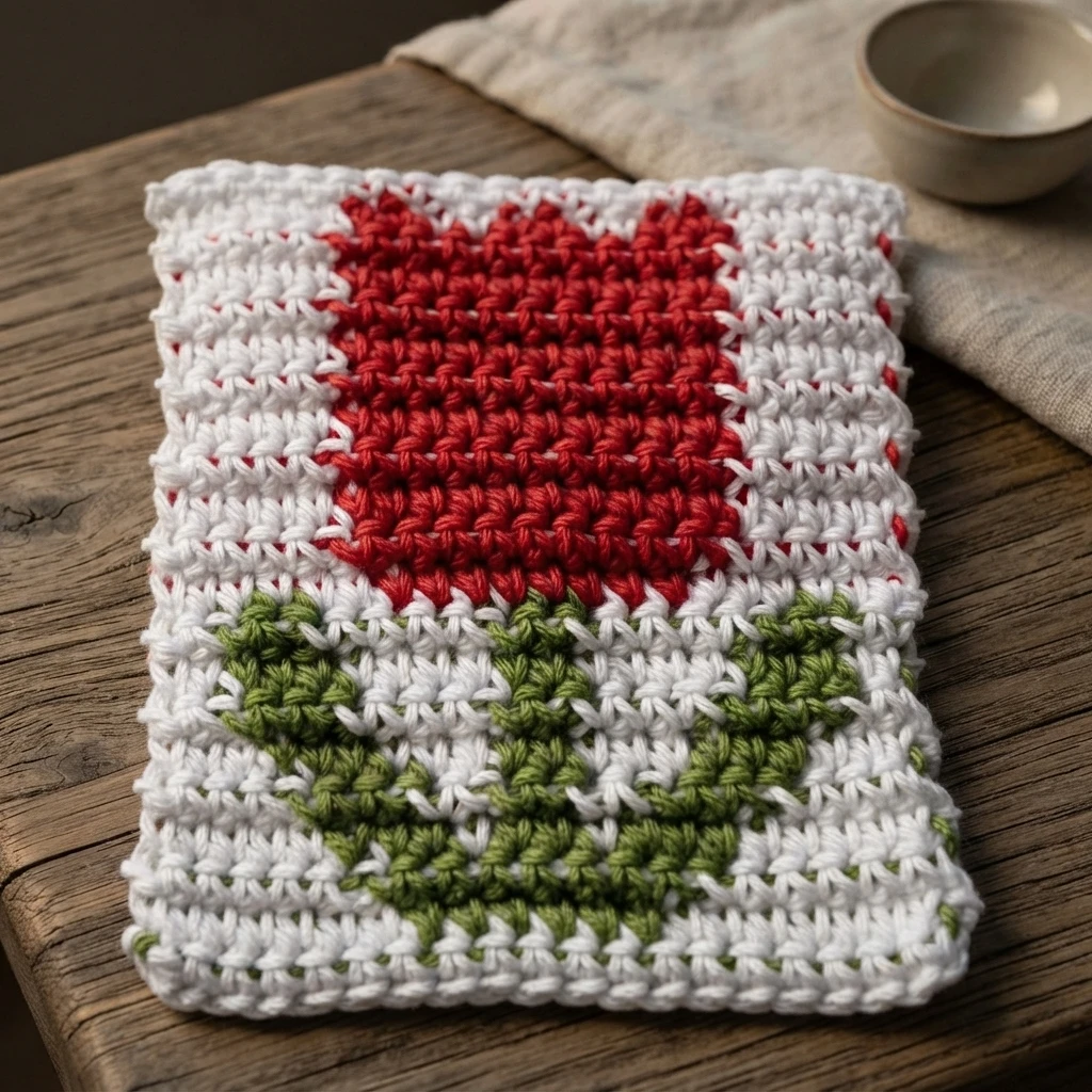 Crocheted corner-to-corner square with a red heart shape above green leaf motifs on a white background, shown flat in one view and staged on a wooden table with a folded cloth and a small bowl in another.