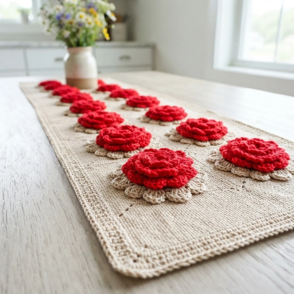 Crochet table runner in a light beige tone with several red crocheted roses attached along its length, displayed on a pale wood table with a vase of flowers in the background.