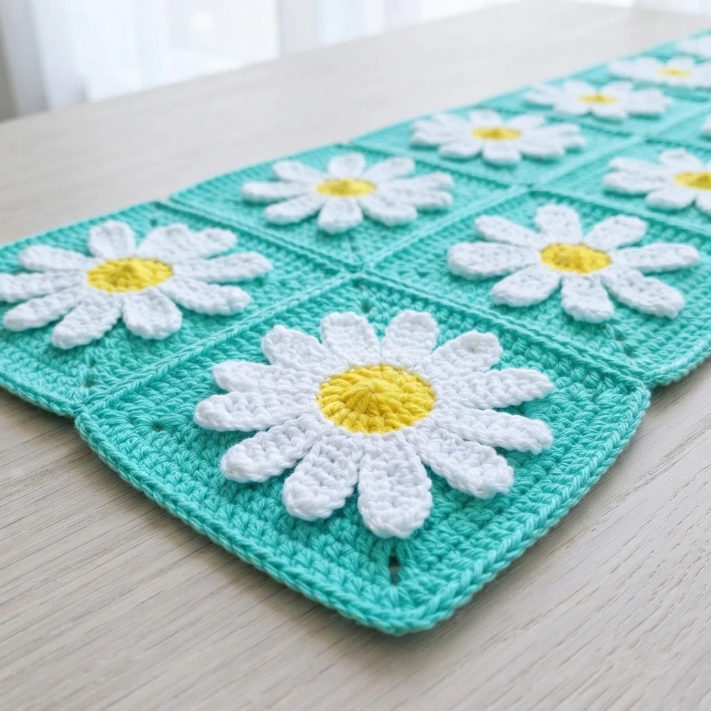 Crochet table runner made of joined turquoise squares, each with a white petal daisy and a yellow center, laid flat on a light wood table near a window.